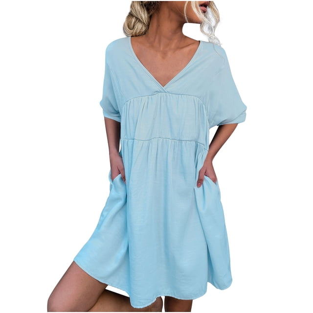 Bigersell Robes pour Filles Mode Femmes Été Poches Col en V Uni Ample Manches Courtes Mini-Robe Chemises de Robe pour Femme Robe Chemise Robes, Style 19230, Bleu P