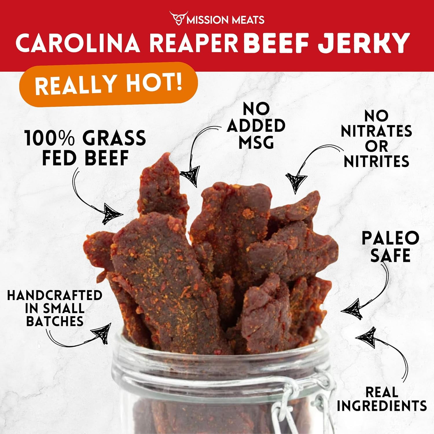 Mission Meats Carolina Reaper Jerky from 100% Grass Fed & Pasture Raised Beef, Caution: Extremely Spicy, Small Batch Hand Crafted, Gluten Free, 2oz (Pack of 3)