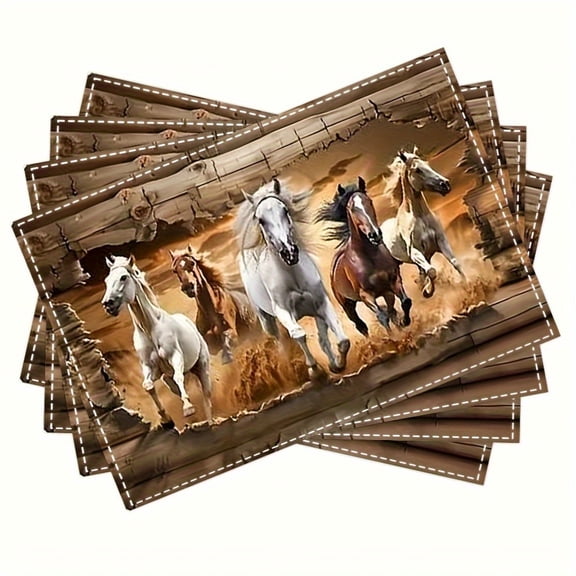 Flat 4pcs Set of 4 Galloping Horses Design Table Mats, Linen Fabric Placemats for Dining Table, Home Decor, Easy to Clean, 2D Flat