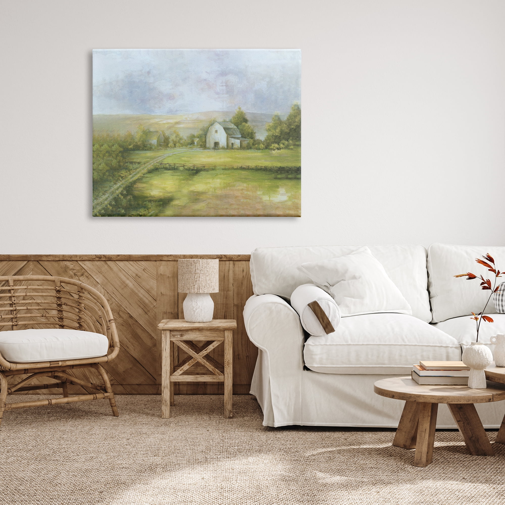 Stupell Industries Distant White Barn Vast Rural Farmland Fields Painting Gallery Wrapped Canvas Print Wall Art, Design by White Ladder