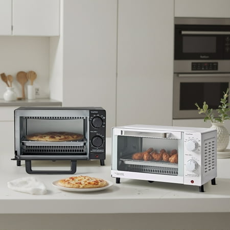 Mainstays 4 Slice Countertop Toaster Oven with 3 Settings, Includes Baking Rack and Pan, Arctic White, New