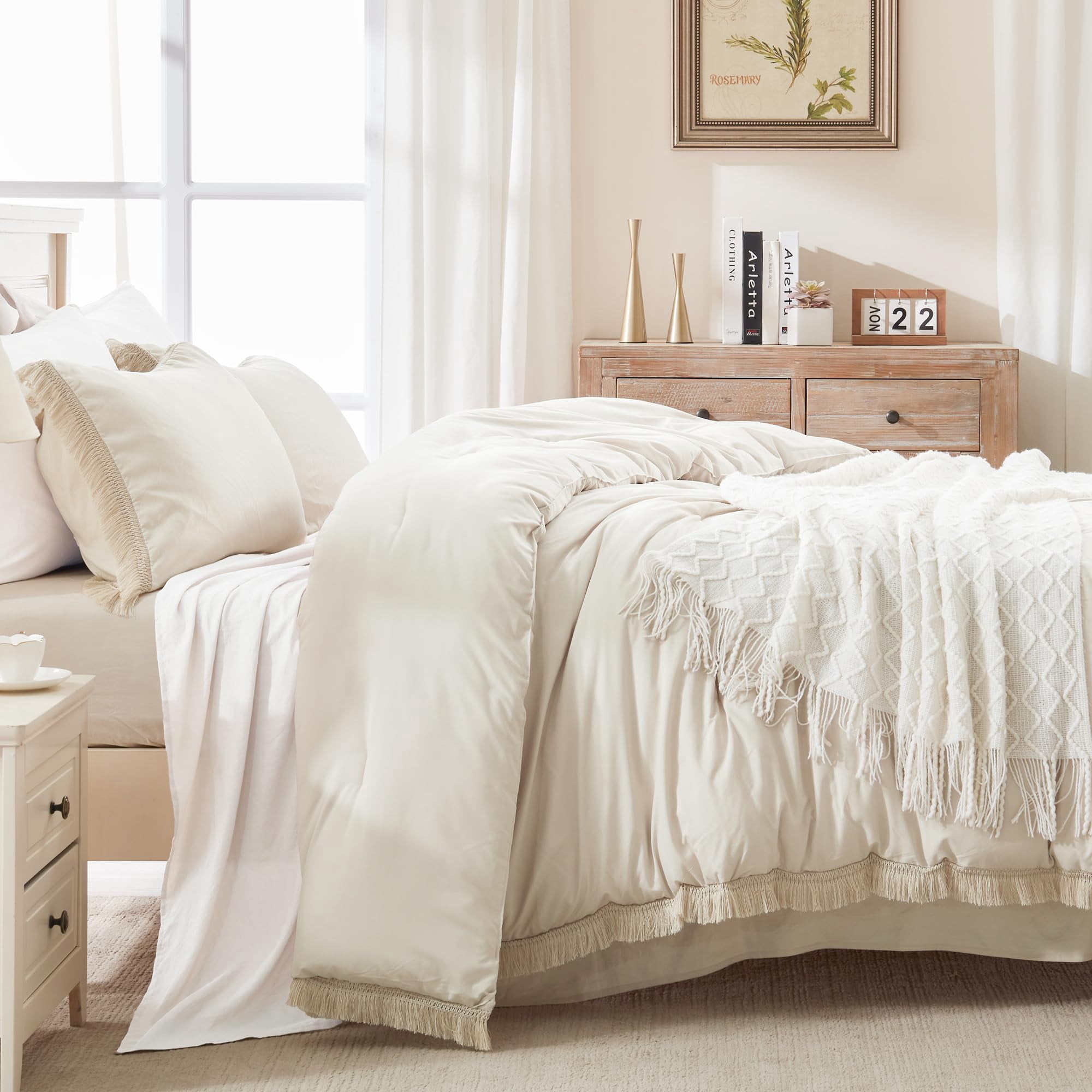 Andency Beige Comforter Sets Queen, 3 Pieces Soft Fluffy Cream Bedding Comforter Set for Queen Size Bed, All Season Lightweight Boho Tassel Down Alternative Bed Set
