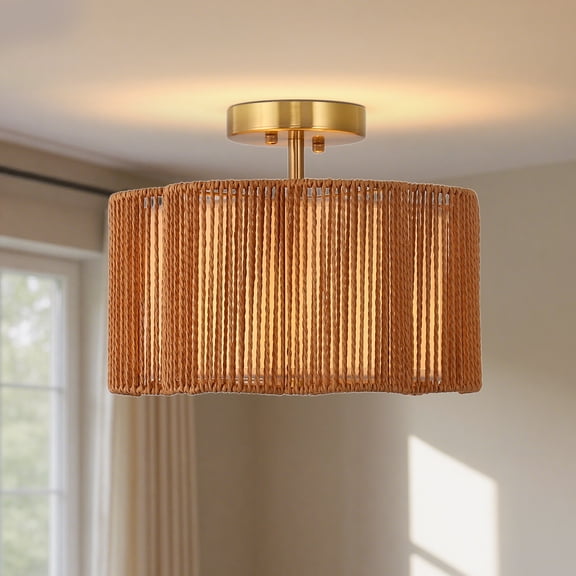 YANSUN Boho Rattan Ceiling Light Fixture, Mini Rattan Semi Flush Mount Ceiling Light, Hand Woven Ceiling Light Fixtures for Hallway Bedroom Kitchen Entryway Living Room (rown)