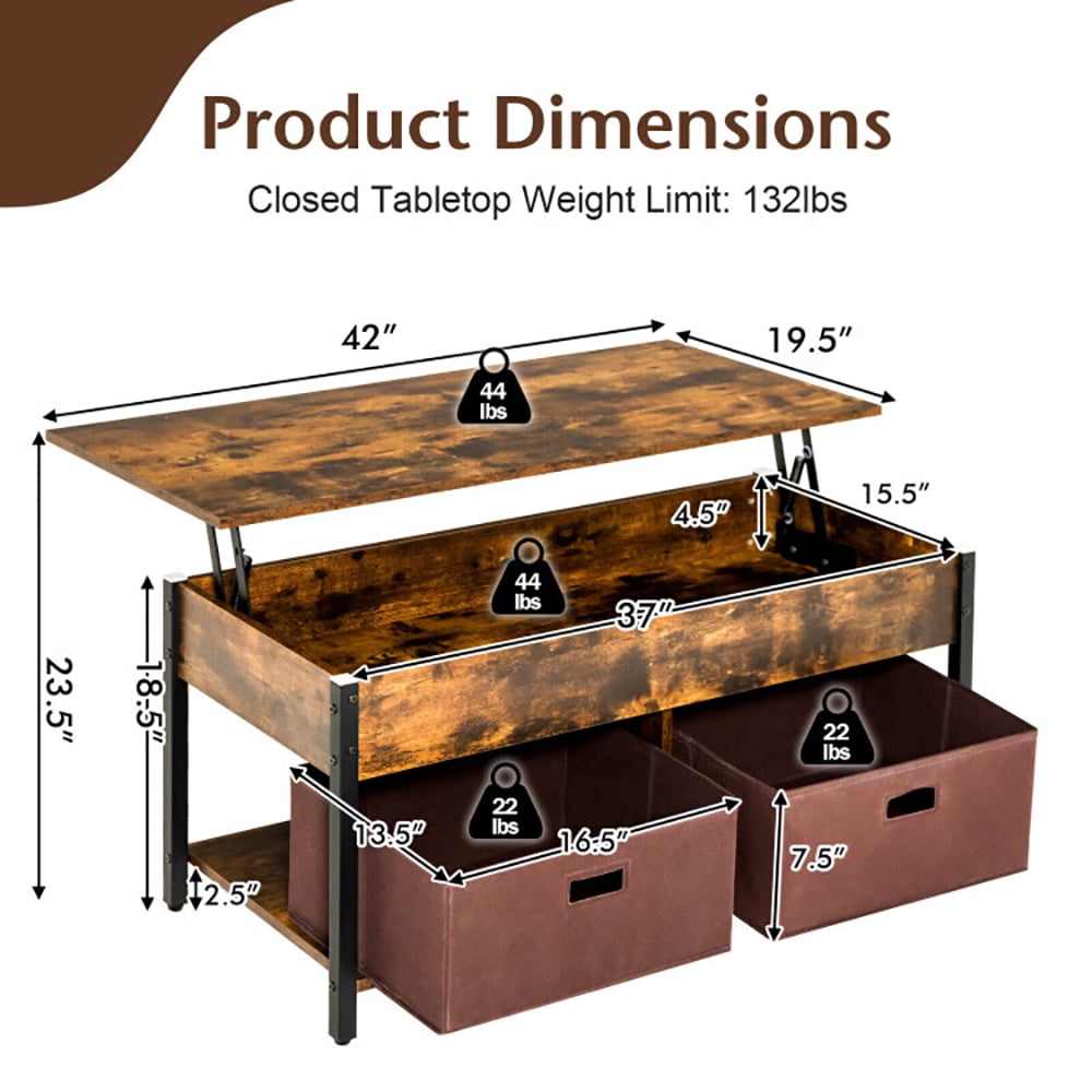 Finihen Rectangular Coffee Table, Lift Top Coffee Table, Central Table with Drawers and Hidden Compartment, for Living Room, Reception Room, Rustic Brown Finihen Rectangular Coffee Table, Lift Top Coffee Table, Central Table with Drawers and Hidden Compartment, for Living Room, Reception Room, Rustic Brown