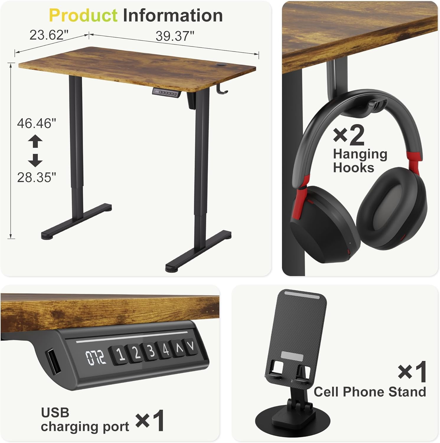 JessieMal Electric Standing Desk, 40 x 24 Inches Sit Stand up Desk, Sit Stand Height Adjustable Home Office Desk with 4 Height Position Memory - with Splice Board (Rustic Brown, 40)