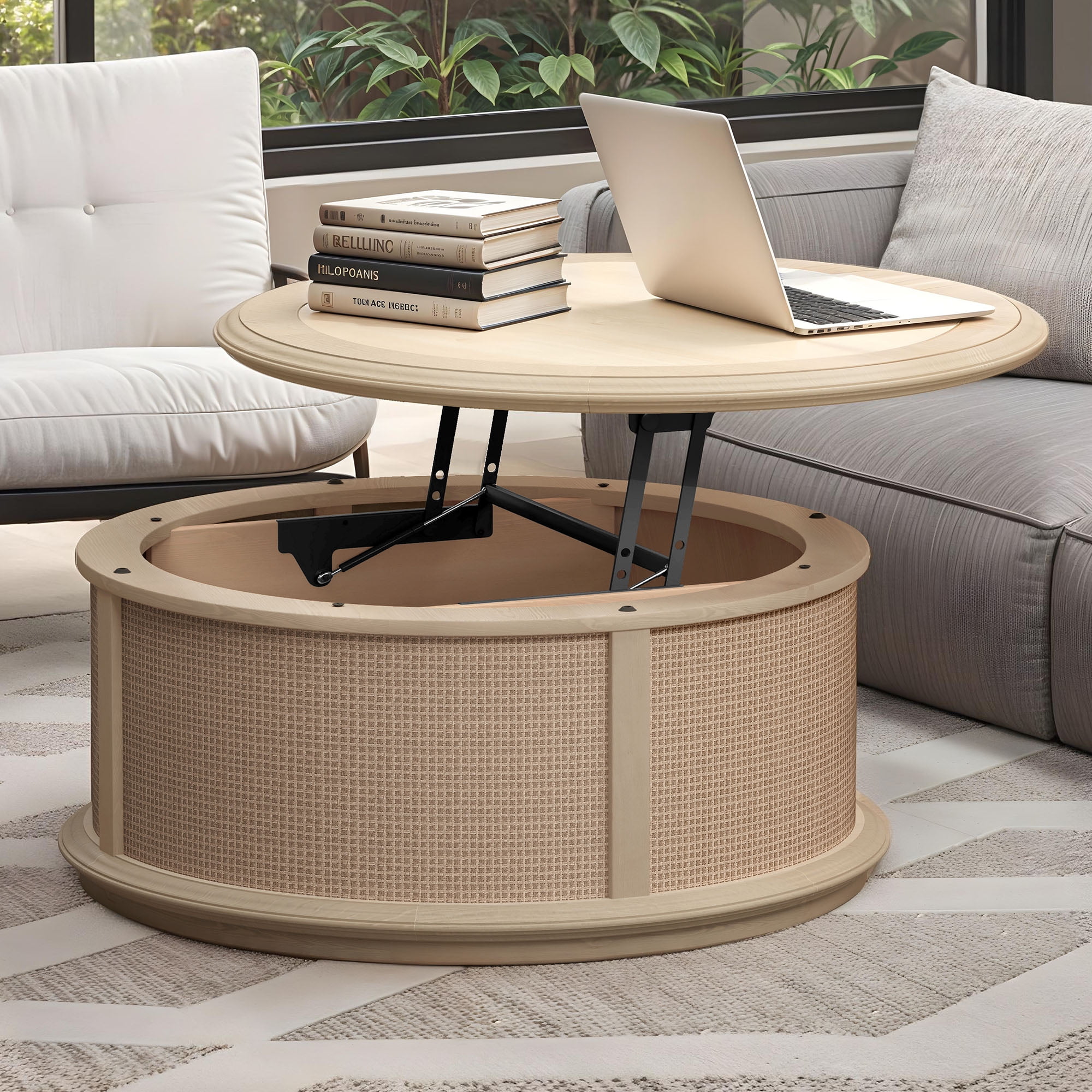 Uforic Multifunctional Round Rattan Lift-Top Coffee Table – Natural Wood Finish with Hidden Storage