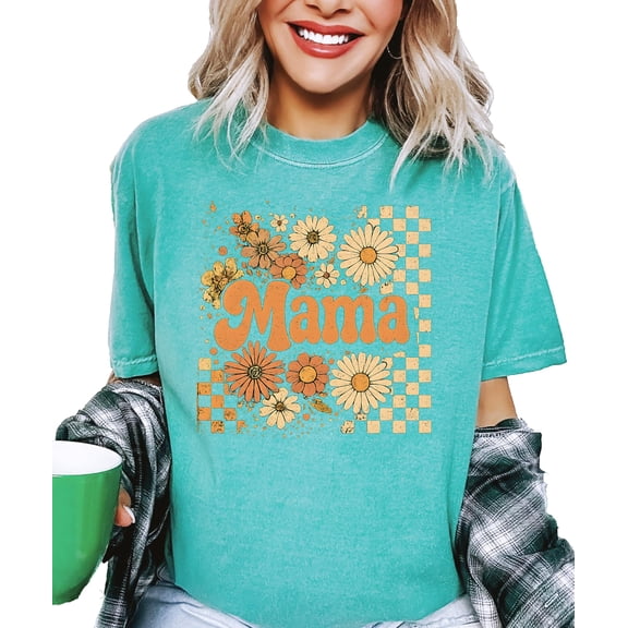 Trendy Mama Checkered Fall Shirt for Women Cute Sunflower Floral Tee for Moms Seafoam Shirt Adult X-Large