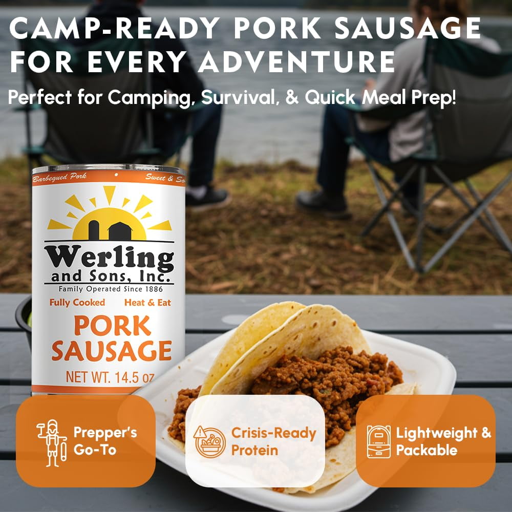 (Pack of 12) Werling & Sons Canned Heat & Eat Pork Sausage 14.5 Oz Fully Cooked Ready to Eat Canned Meat Long Shelf Life Great for Emergency Food Storage, Camping, Quick & Easy Meals Canned Food
