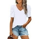 thumbnail image 1 of Camisa de manga abullonada con cuello en V, parte superior blanca elástica para uso informal en la oficina y el hogar, talla L Summer Chic, 1 of 6
