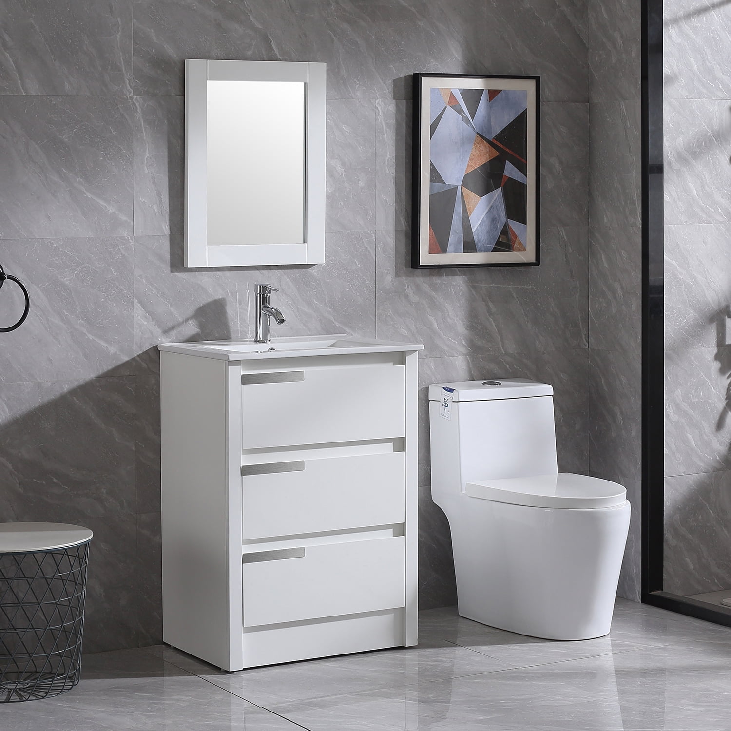 24" White Bathroom Vanity Cabinet Mirror W/Overflow Drop in Ceramic Vessel Sink 