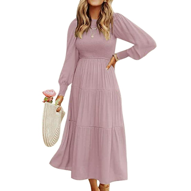 MAWCLOS Robe Maxi Ample à Manches Longues pour Femmes, Robe Évasée de Fête, Coupe A, Rose G