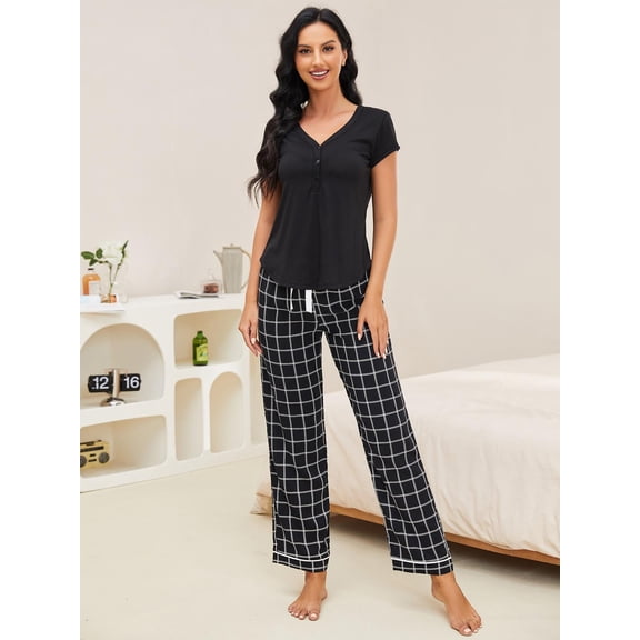 ebukurty Women's Pajama Sets 2 Piece Short Sleeves V-neck Black Plaid Lounge Sets, Sizes S-XL