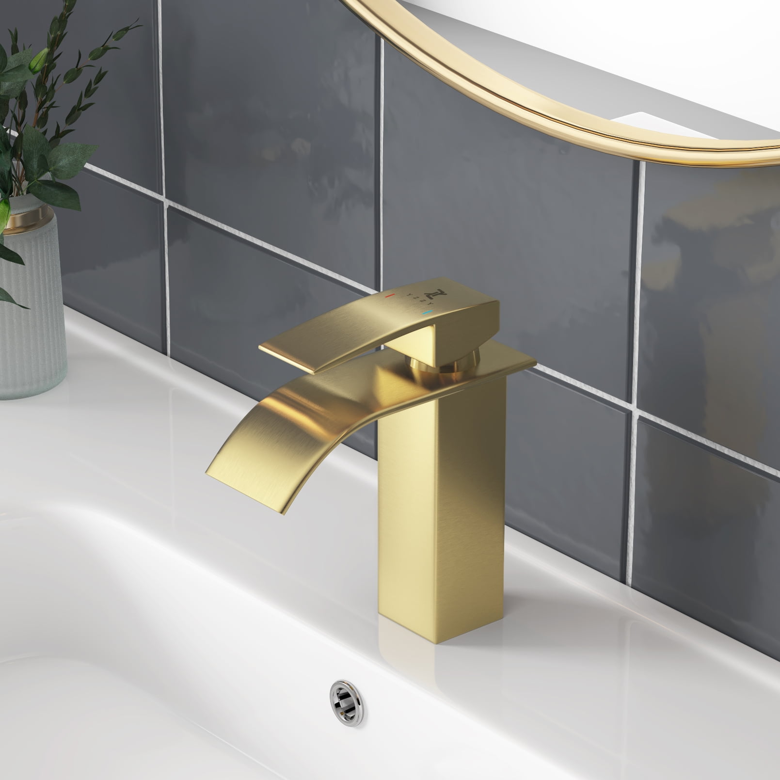 YZZY Single Handle Waterfall Bathroom Faucet Brushed Gold Bathroom Basin Faucet Single Hole Bathroom Vanity Sink Faucet