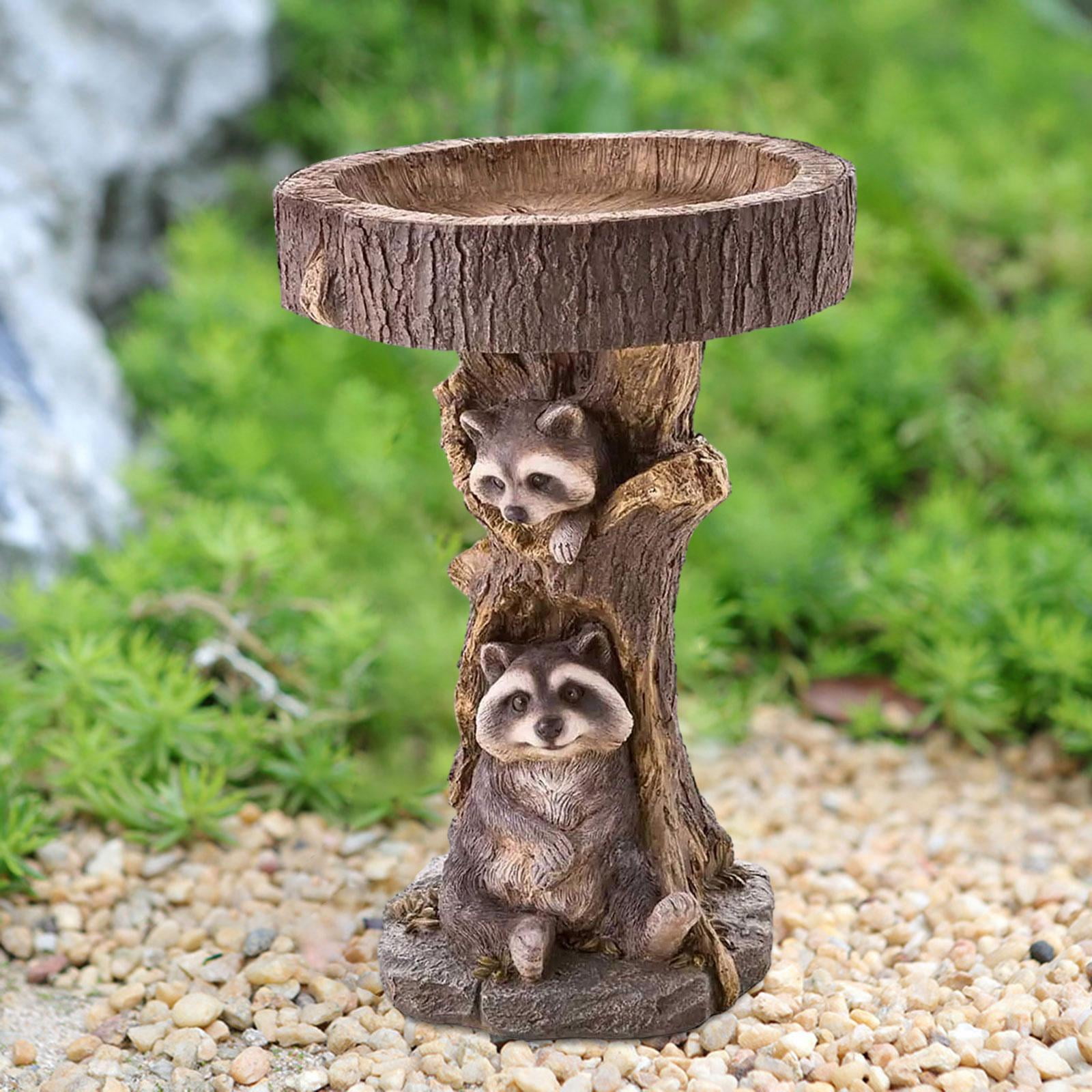 Colaxi Garden Bird Bath Bowl Raccoon Statue Figurine Feeding Station Landscape Lawn Resin Feeder Animal Sculpture for Courtyard Deck