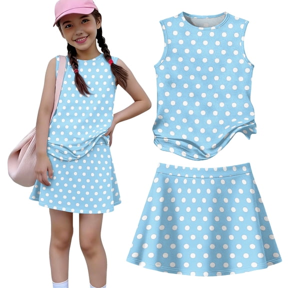 Grblisyd Girls Skirt Sets Polka Dots Sleeveless Tank Tops and Tennis Skirt 2 Piece Workout Outfits 3-13 Years
