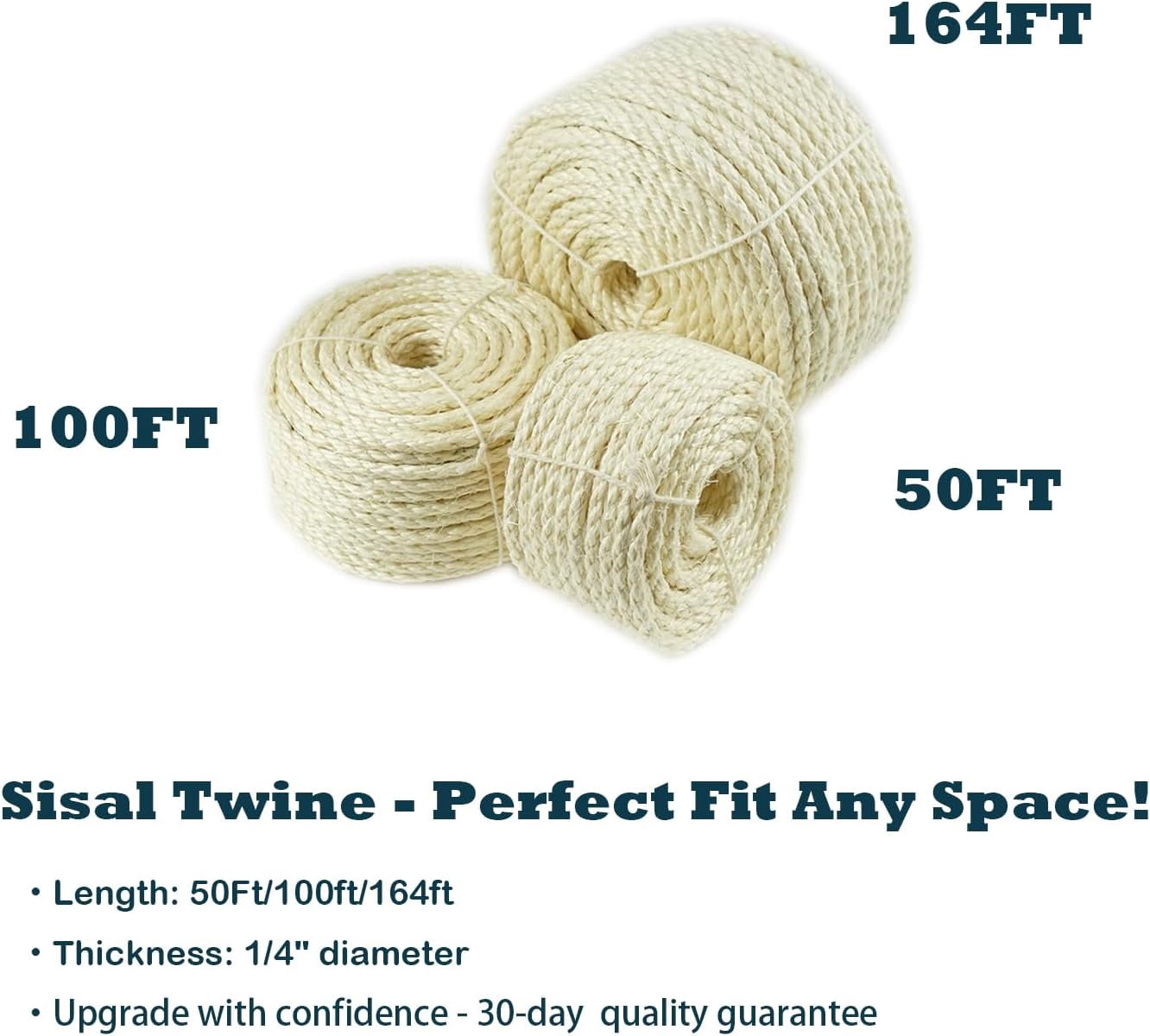 Natural Sisal White Rope for Cat Scratcher Scratching Post Replacement 1/4 inch Cat Tree Sisal Rope for Repairing, Recovering or DIY Cat Scratcher 50/100 / 164 Feet