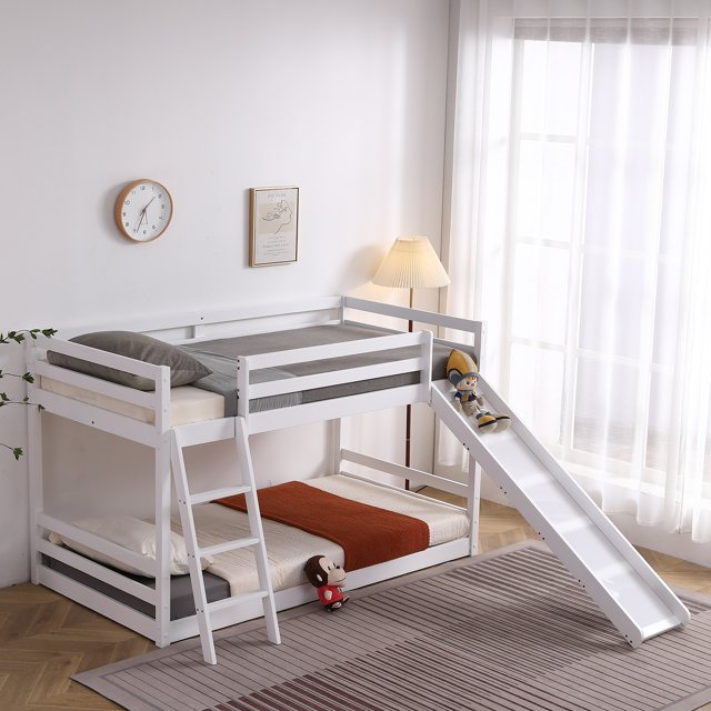 EasingRoom Wood Bunk Bed with Slide, Twin Size Kids Loft Bed, Low Bed