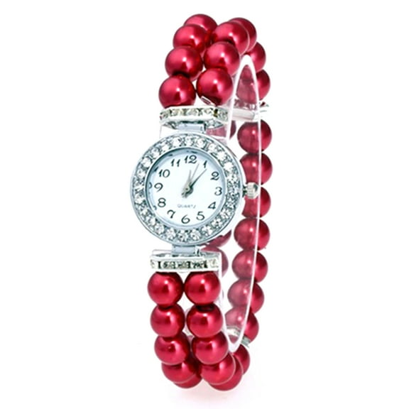 LINEL Red Faux Pearl Stretch Band Watch