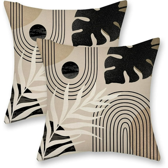 Black Boho Pillow Covers 16x16 Inch 2 Pcs Beige Brown Tropical Leaf Mid Century Summer Outdoor Decor Throw Pillows Modern Geometry Farmhouse Decoration Pillowcase Linen Cushion Cover for Couch