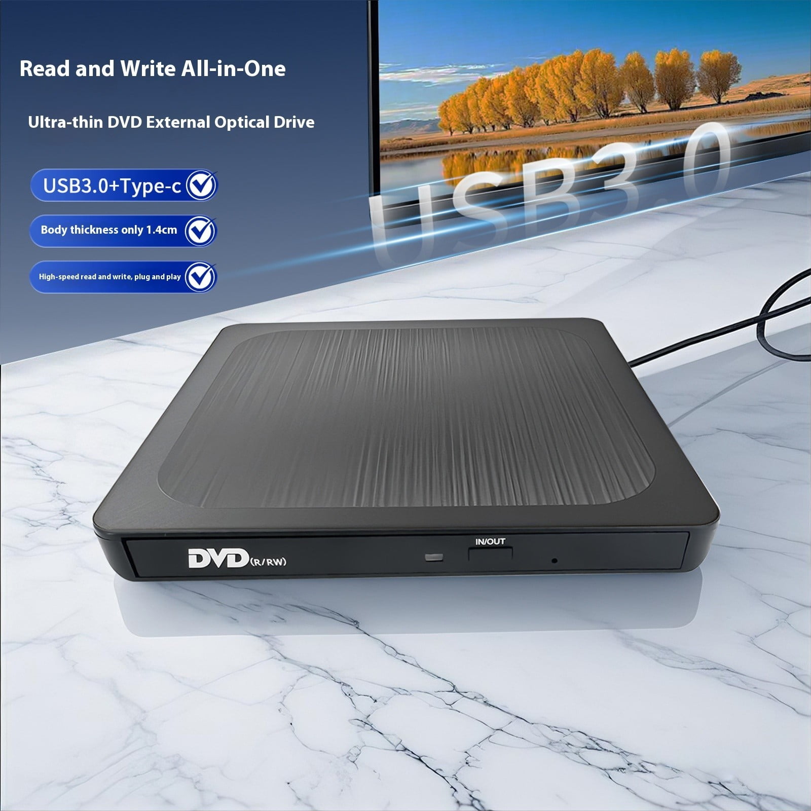 Fast Speed 24X 8X Disc Burning Reader External Drive with USB3.0 and Type C Port Portable Design