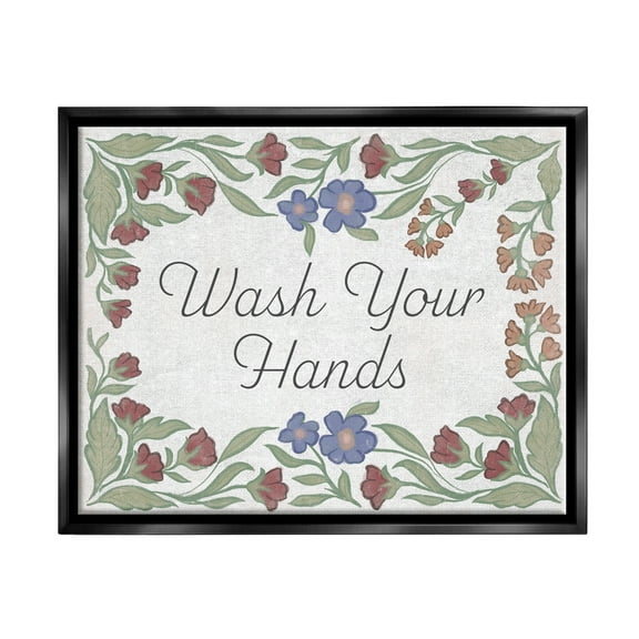 Stupell Industries Floral Wash Hands Phrase Typography Painting Black Floater Framed Art Print Wall Art, 21 x 17