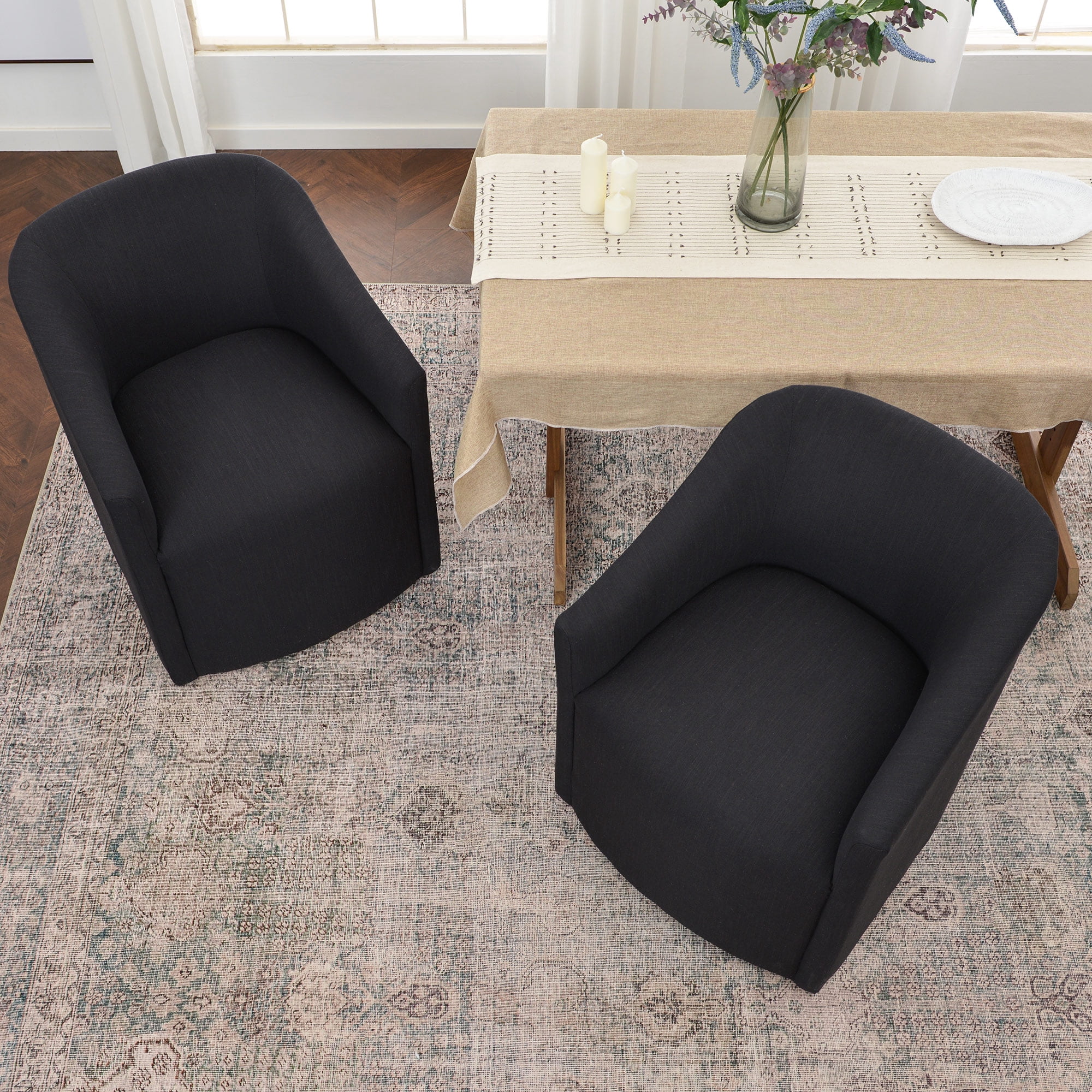 KINWELL 25" Wide Upholstered Dining Chairs with Casters Set of 2, No Assembly Modern Performance Fabric Barrel Back Rolling Dining Armchair for Kitchen Dining Room (Black)