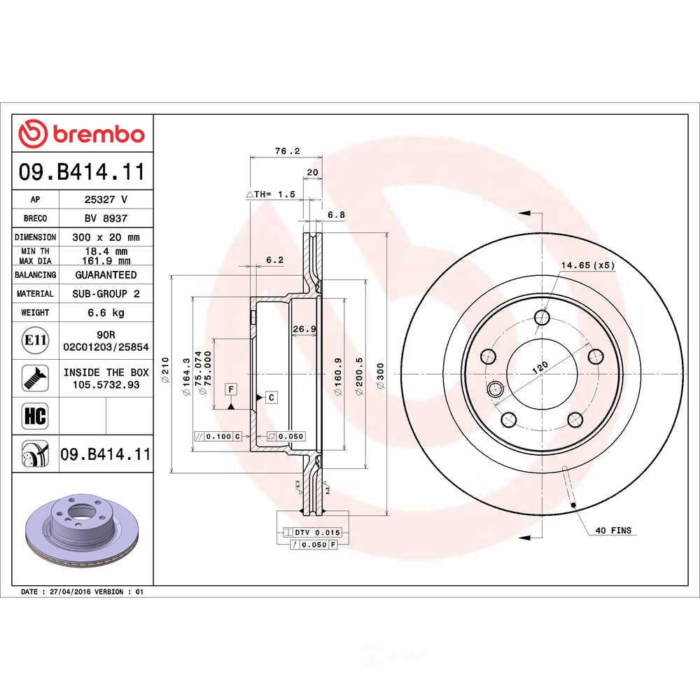 Brembo 09.B414.11 BRAKE ROTORS Fits select: 2008-2013 BMW 128 I