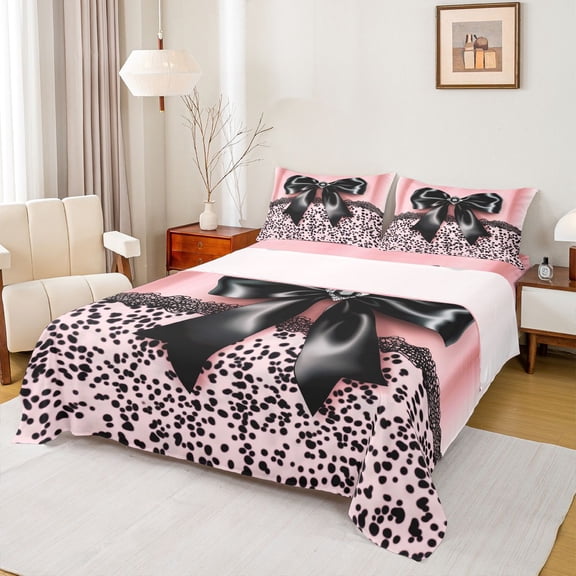 Homewish Boys Girls Cartoon Ribbon Bowtie Twin Sheet Sets 3pcs,Abstract Polka Dots Twin Fitted Sheet Microfiber,Dreamy Princess Breathable Flat Sheet,Luxury Bedroom Decor