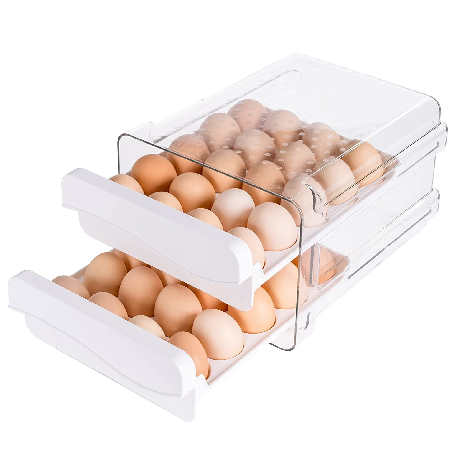 Fridge Organizer with Handles Multi Layer Stackable Plastic Egg Holder Contains Refrigerator Storage Container White WAYTRIM Kitchen Plastic Egg Holder 2-tier 60 Egg Tray 
