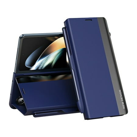 ELEHOLD Magnetic Case for Samsung Galaxy Z Fold 5, Slim Leather Case with Pen Slot Kickstand Function Complimentary Stylus Full Body Protection Plating Case for Galaxy Z Fold 5, Blue