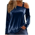 thumbnail image 4 of SwiftWear Women's One Shoulder Velvet Blouse Long Sleeve Loose Casual Top Holiday Party Wear for Date Night & Special Occasions Navy, 4 of 8