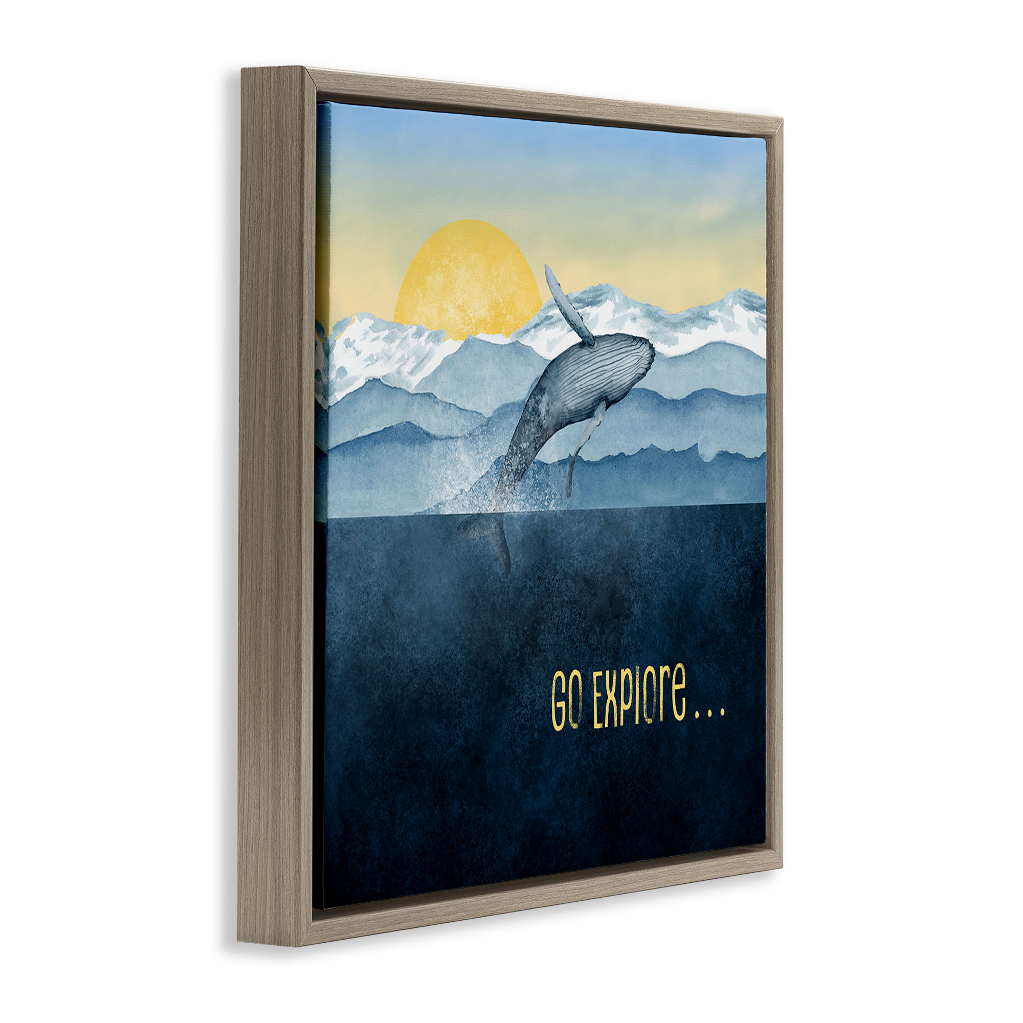 Go Explore Whale Breach Brown Framed Floater Canvas Wall Art, design by Brett Blumenthal