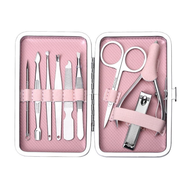 Juego de manicura y cuidado de uñas profesional de 9 piezas, herramienta de pedicura de acero inoxidable, kit de cuidado para cortaúñas con lima de dedos, con estuche de viaje rosa para mujeres