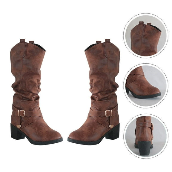 WHAMVOX Knight Boots Low-heeled Calf Shoes Heels 's Brown