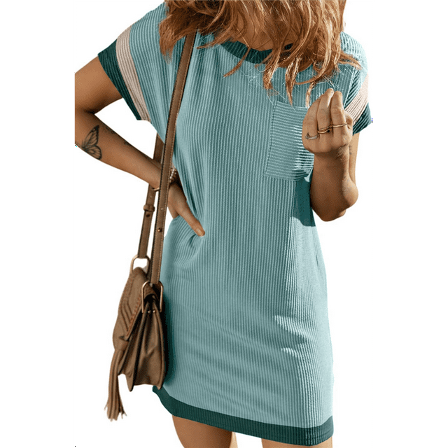 Vestido Informal de Verano para Mujer, con Cuello Redondo, Corta y Bloques de Color, Color Verde Lago, Talla XL