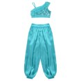 thumbnail image 4 of YONGHS Belly Dance Outfits for Girls Ruffle Crop Top with Wide-Leg Bloomers Pants 2PCS Set Blue 14, 4 of 5