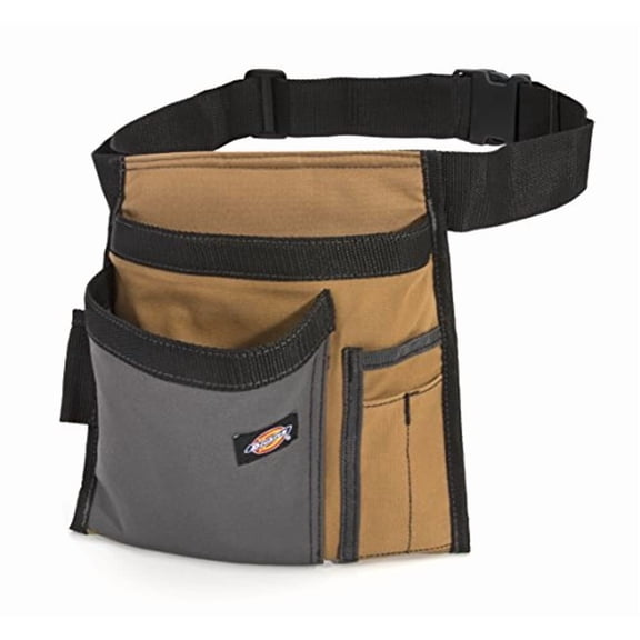 Dickies 5-Pocket Single Side Tool Belt Pouch/Work Apron for Carpenters and Builders, Durable Canvas Construction, Adjustable Belt for Custom Fit, Grey/Tan