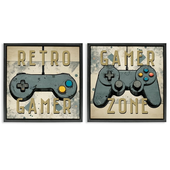 Stupell Industries Retro Gamer Controllers Entertainment Painting Black Floater Framed Canvas Art Print Wall Art, 18 x 18, Set of 2