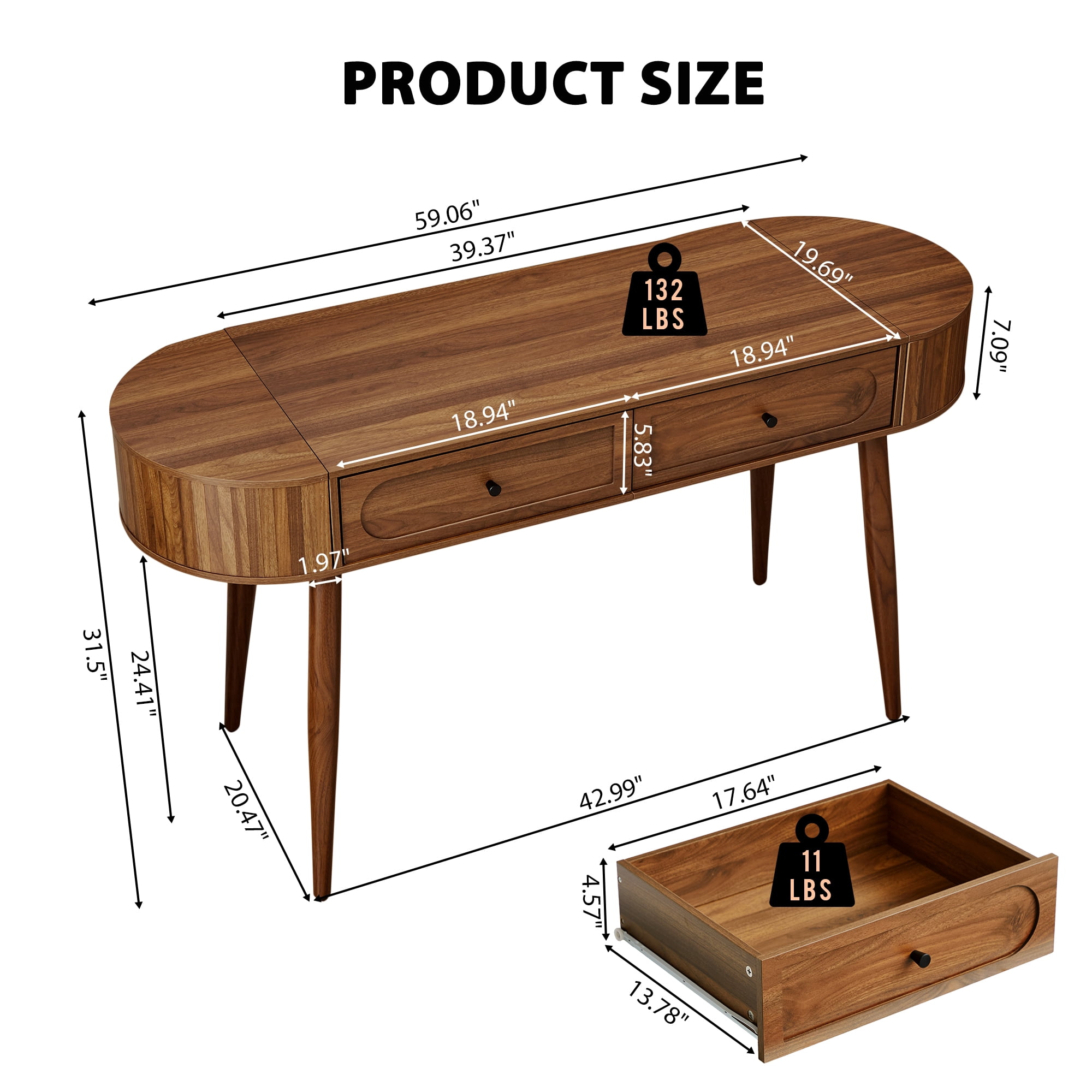 YOCWO Modern Home Office Desk with 2 Drawers and 2 Flip-top Storage, Oval Computer PC Desk Table, Vanity Desk with Fluted Curved Table Edge, Walnut