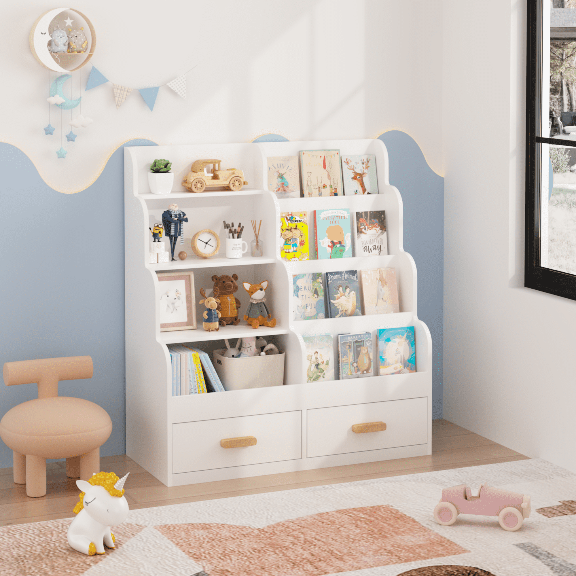 Kids Furniture Kids Bookshelf with 2 Storage Drawers, Front-Facing Children's Bookcase and Toy Organizer, Multi-Tier Reading Shelf for Toddlers, Playroom, Bedroom, or Nursery - White,Baby Nursery Fu