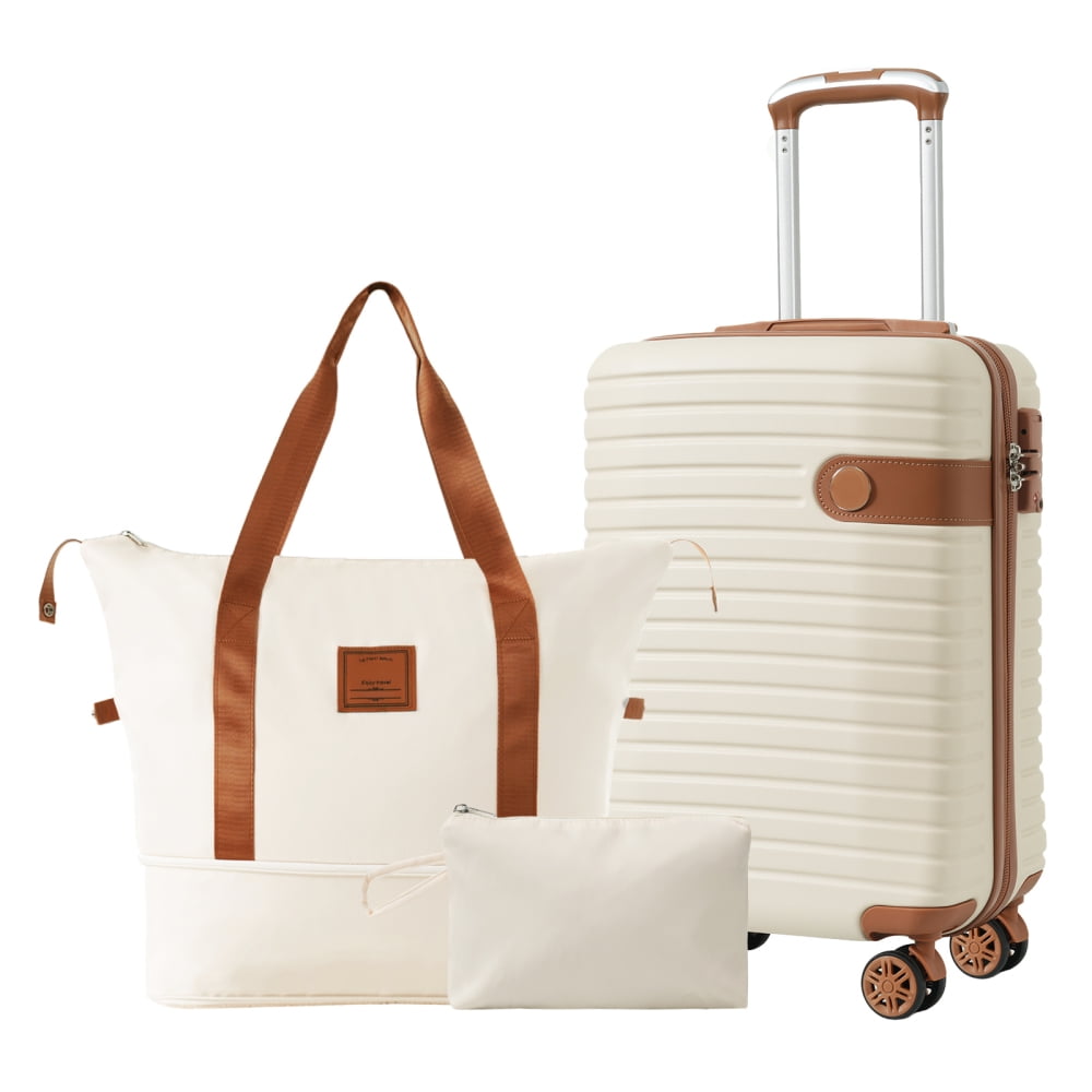 Tcbosik 3 Piece Carry On Hardside Luggage Set with TSA Lock and Spinner Wheels (20 inch, Cream)