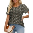 thumbnail image 2 of Plus Size Tops for Women Casual Short Puff Sleeve T Shirts Going Out Crew Neck Tees Trendy Oversized Pleated Blouses XL Floral, 2 of 6