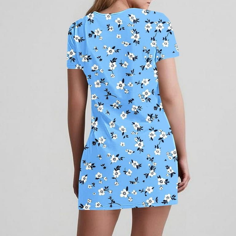 SYMOID Womens Spring & Summer Floral Print Short - sleeved V - neck Slim Casual  Mini Shift Dress with Functional Pockets,Sky Blue,Size M - Walmart.com