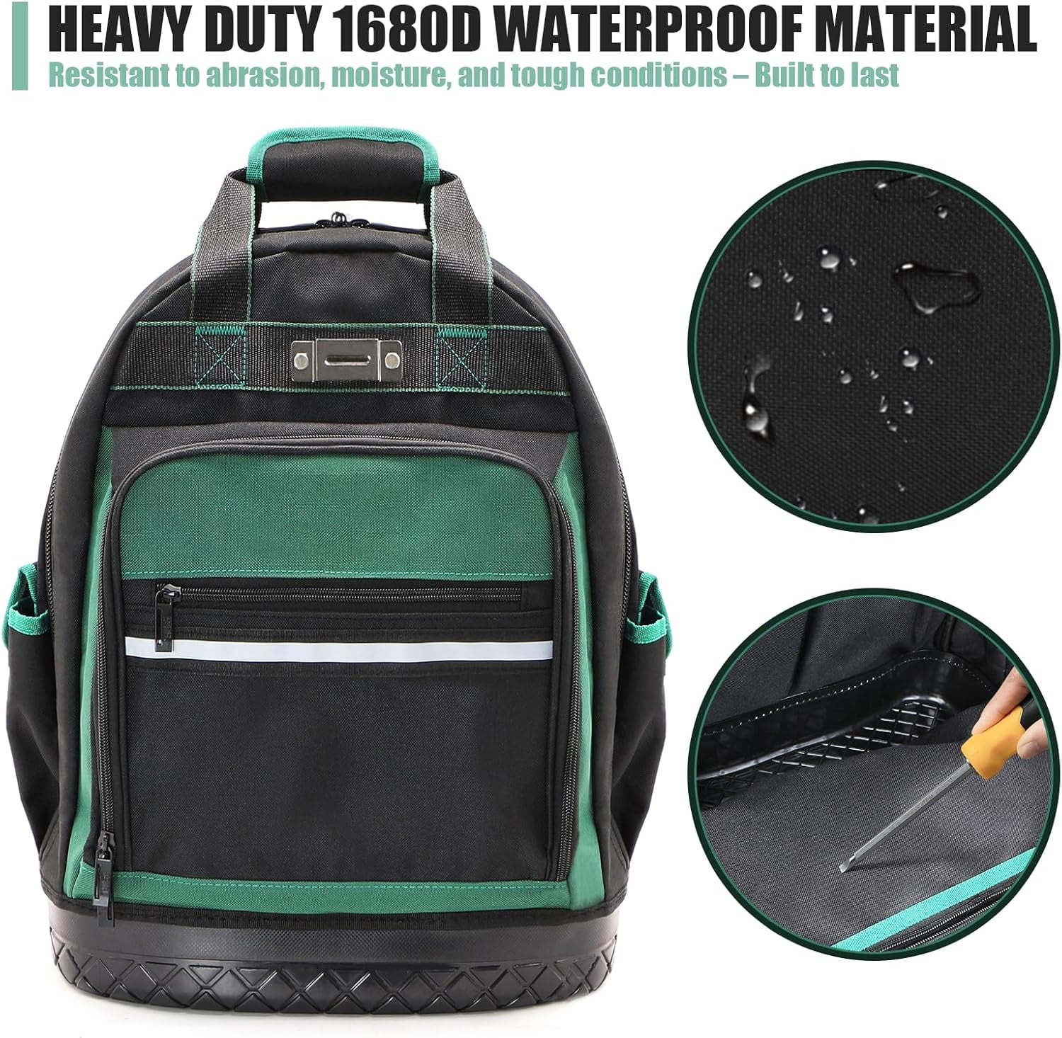 Tool Backpack Heavy Duty with Hard Bottom, Tool Backpack for Men, Electrician Bag, 15 Pockets, Waterproof Construction Backpack for HVAC, Mechanics, and Jobsite