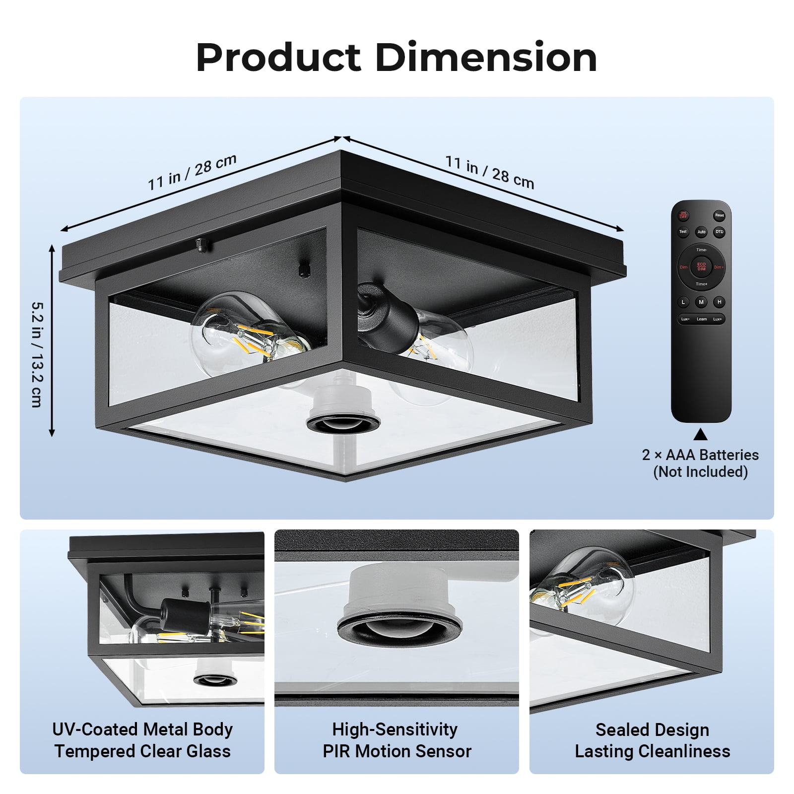 VIANIS Motion Sensor Outdoor Ceiling Light with Remote Control, Adjustable Distance Time Flush Mount Porch Ceiling Light for Garage,Porch, Entryway, 5 Modes, Black, Tempered Glass, Square