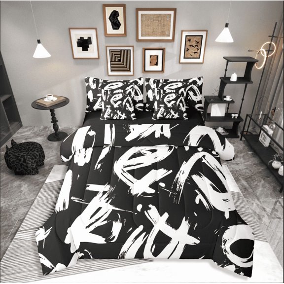 Castle Fairy Abstract Stripes 7 Pieces Bedding Comforter Set for Teens,Graffiti Splash Full Bedding Set Lightweight,Mid Century Fitted Sheet Flat Sheet,Luxury Bedroom Decor
