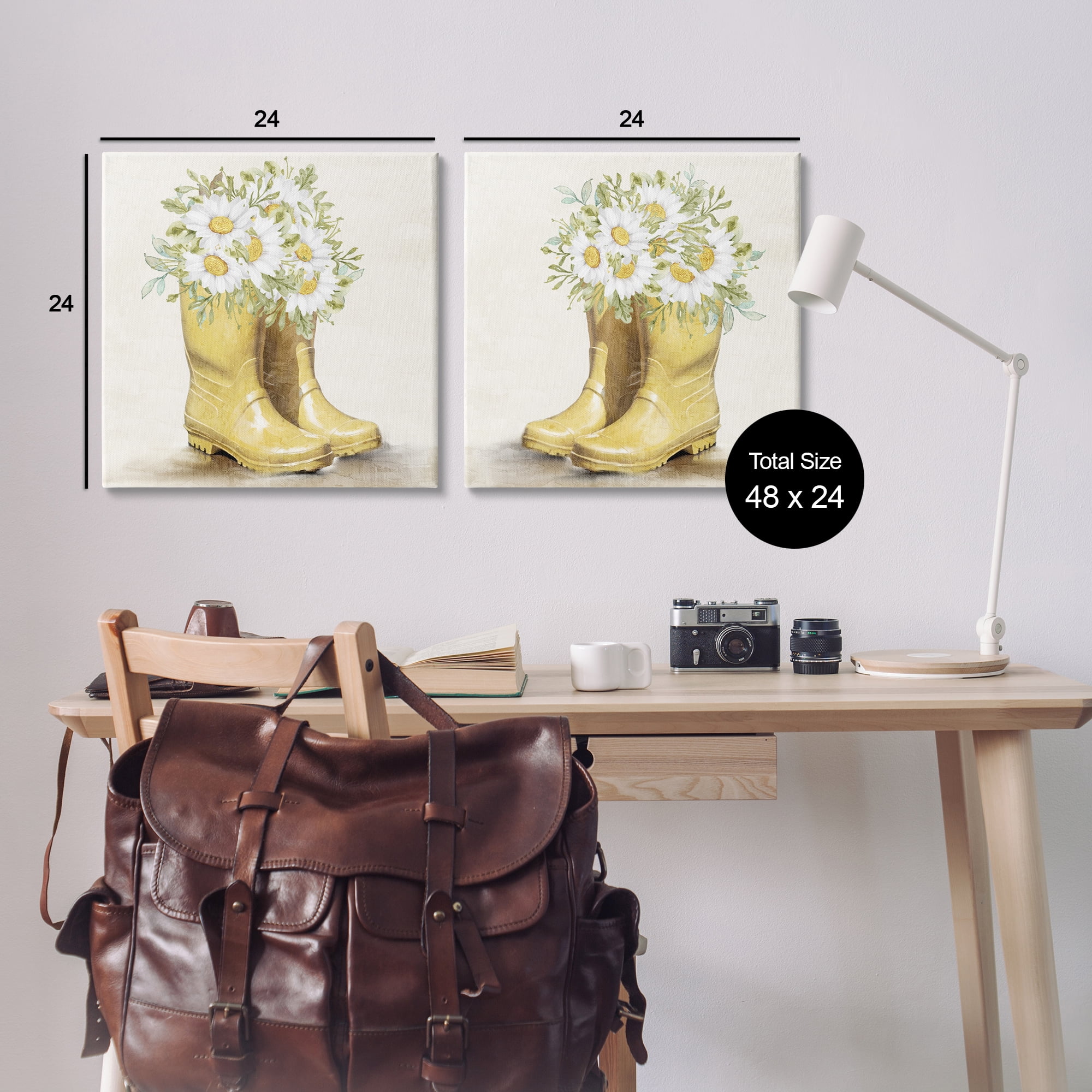 Stupell Industries Yellow Garden Boots Daisies Plants & Flowers Painting Wrapped Canvas Art Print Wall Art, 24 x 24, Set of 2