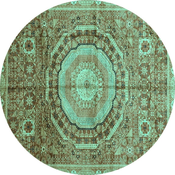 Ahgly Company Machine Washable Indoor Round Abstract Turquoise Blue Modern Area Rugs, 8' Round