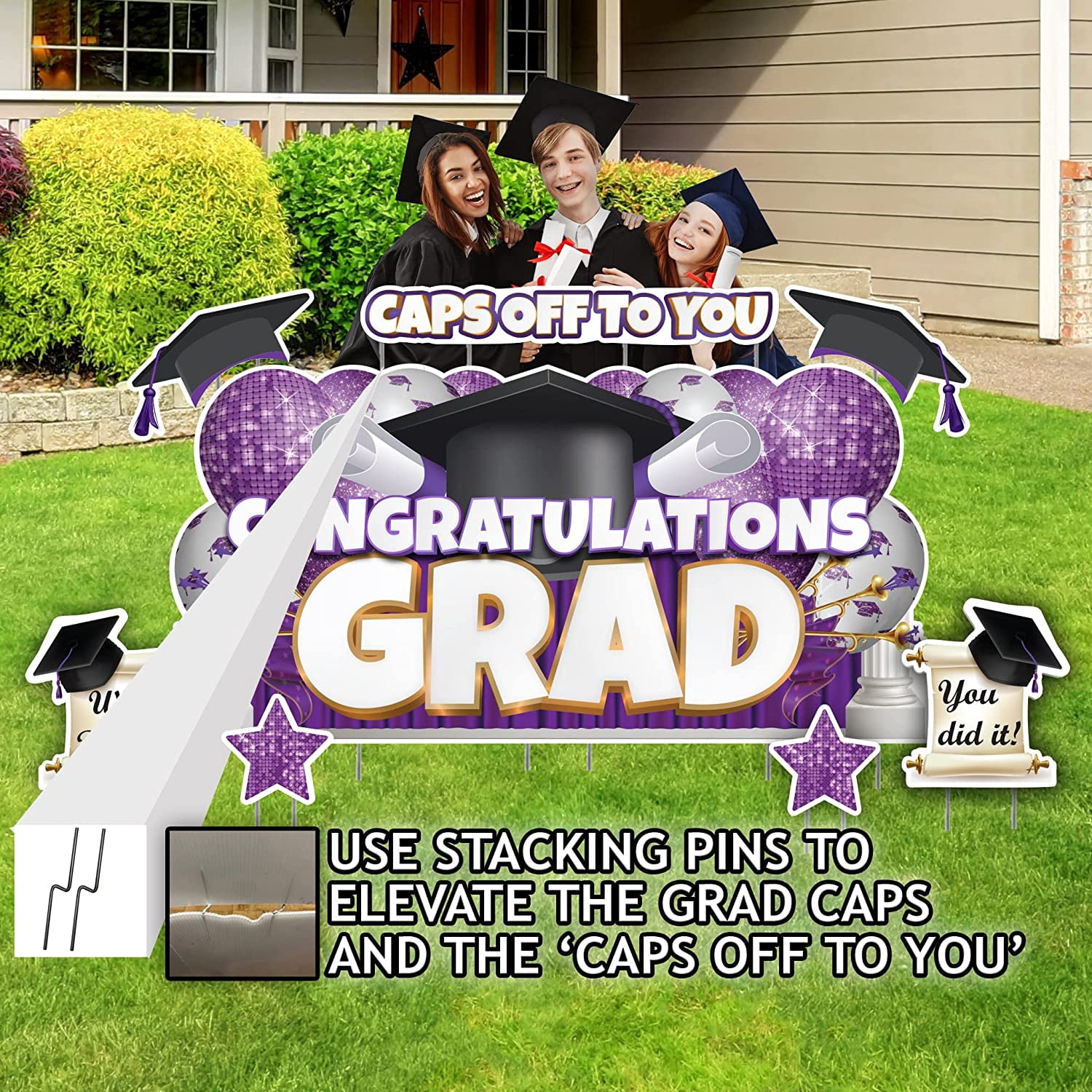 VictoryStore Oversized Purple Congratulations Grad, Caps Off To You EZ Yard Card Set, 8 Pieces
