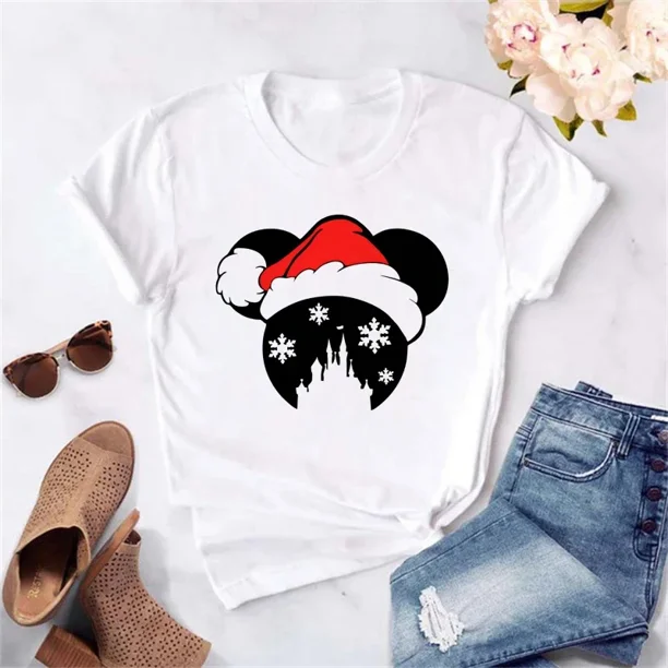 Camiseta Kawaii con estampado de letras de Mickey para mujer, camiseta de Navidad para mujer, camisetas informales de manga corta, ropa